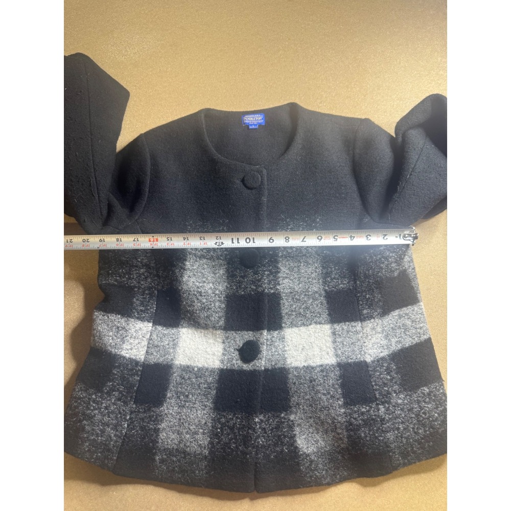 Pendleton Womens Black White Buffalo Plaid Wool Blend Collarless Button Jacket L - Picture 6 of 8